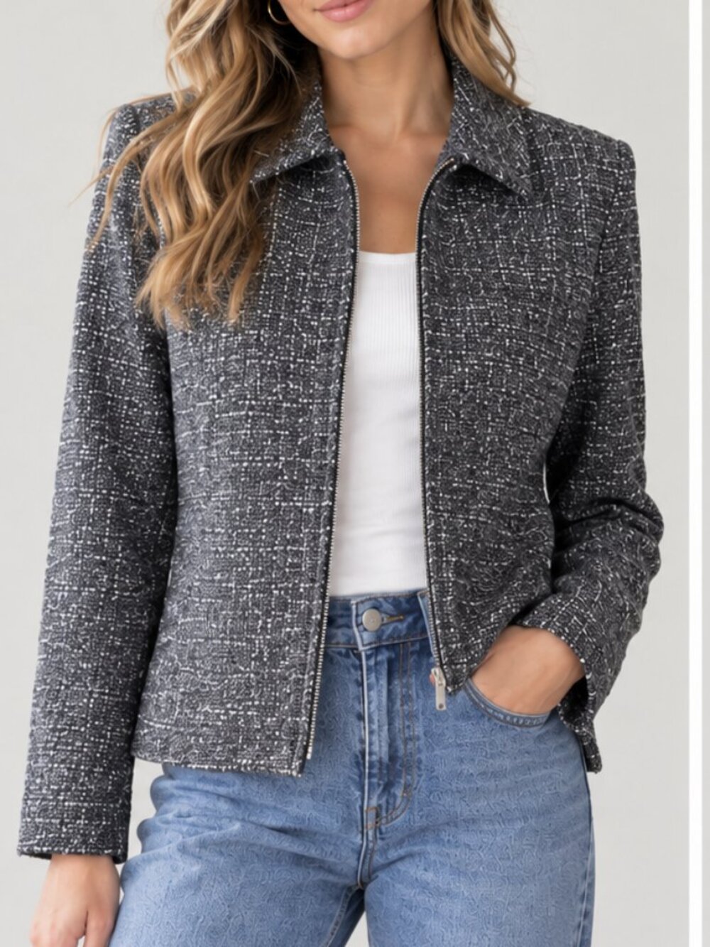 JONES NY Women's Wool Blazer Jacket Charcoal Grey & White Tweed Style Zip Up